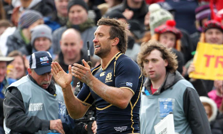 Scotland's Simon Danielli celebrates his second try against Romania in the rugby World Cup.
