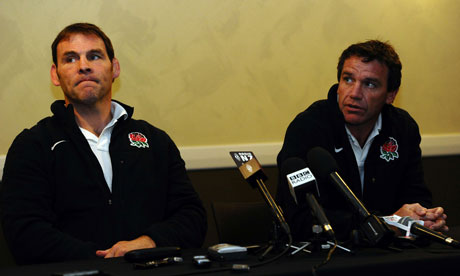 The England coaches John Wells, left, and Mike Ford answer questions in Queenstown