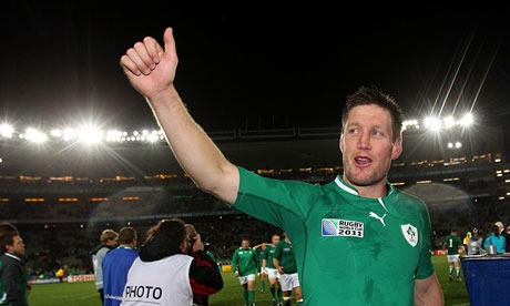 Ronan O'Gara celebrates after helping Ireland to victory over Australia in the rugby World Cup.