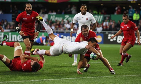 Shontayne Hape of England goes over to score his second try against Georgia in Dunedin.