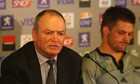 Graham Henry, left, and Richie McCaw face the press after New Zealand's defeat by France in 2007
