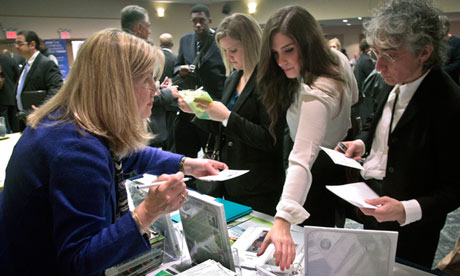 Job seekers at a National Career Fairs job fair in New York.