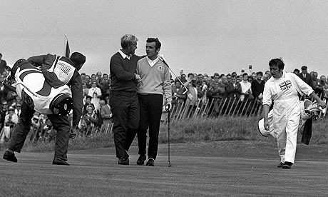 Jack Nicklaus and Tony Jacklin on the 18th green at the 1969 Ryder Cup