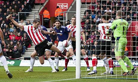 Jos Hooiveld of Southampton scores the opening goal of the game against Derby County