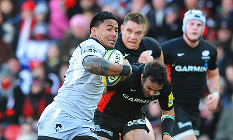 Manu Tuilagi runs with the ball during Leicester's win at Saracens on Sunday