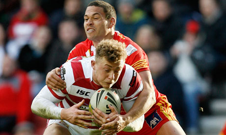 Wigan's Josh Charnley and Catalan Dragons' Daryl Millard, top