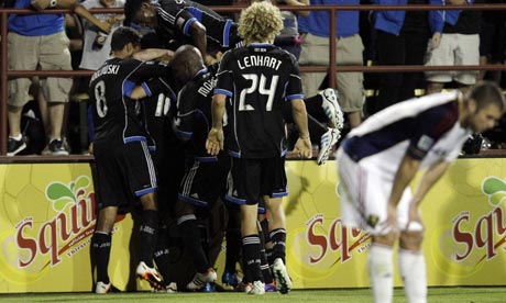 San Jose Earthquakes celebrate a goal by Simon Dawkins against Real Salt Lake