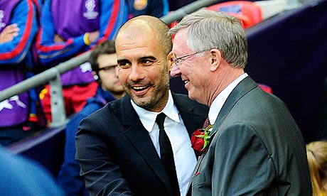 Pep Guardiola, left, and Sir Alex Ferguson prior to last season's Champions League final