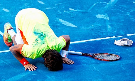 Spain's Fernando Verdasco celebrates defeating Rafael Nadal at the Madrid
