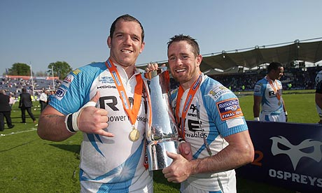 Ospreys' Paul James and Shane Williams celebrate victory against Leinster