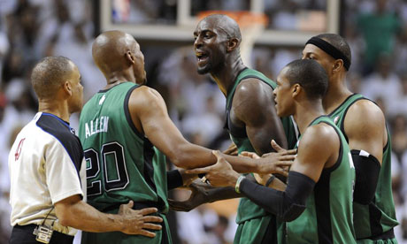 Boston Celtics' Kevin Garnett argues vs Miami Heat