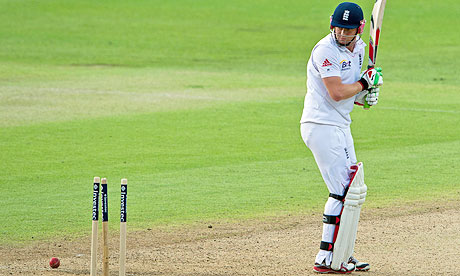 England's Jonny Bairstow looks behind to see his wicket broken by a ball from Tino Best at Edgbaston
