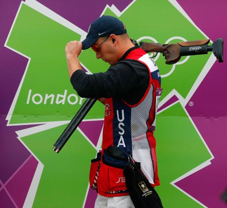 Vincent Hancock competes in the men's skeet at the Royal Artillery Barracks in Woolwich