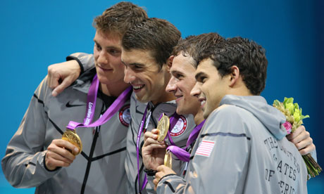 Conor Dwyer, Michael Phelps, Ryan Lochte and Ricky Berens celebrate 4x200m freestyle relay gold