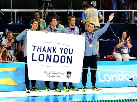 Brendan Hansen, Matthew Grevers, Michael Phelps and Nathan Adrian celebrate their 4x100m medley gold