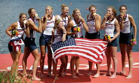 The US women's eight celebrate their gold-medal victory at Dorney