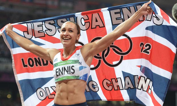Jessica Ennis celebrates winning the heptathlon