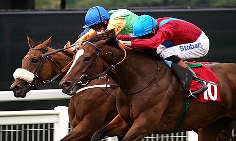 Richard Hughes winning on Dank (right) at Sandown Park