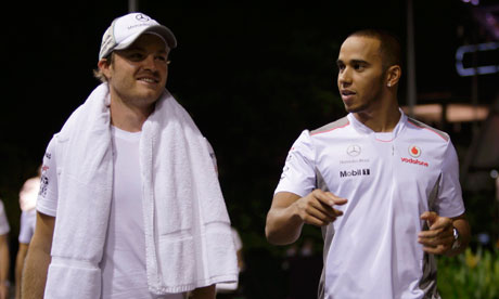Formula  Teams on Mclaren S Lewis Hamilton Chats To Nico Rosberg Of Mercedes  Photograph