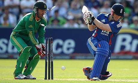 Eoin Morgan is bowled by Johan Botha