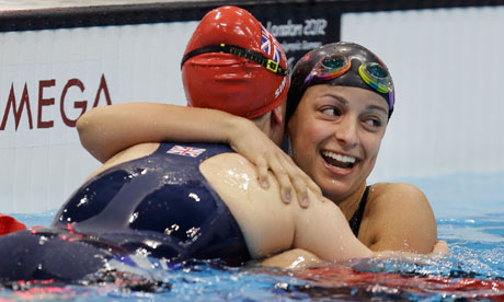Silver medal winning Ellie Simmonds hugs Gold medal winning USA's Victoria Arlen Congratulating the Victor