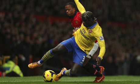 Bacary Sagna, right, was a danger to Manchester United with his crosses tormenting their defence
