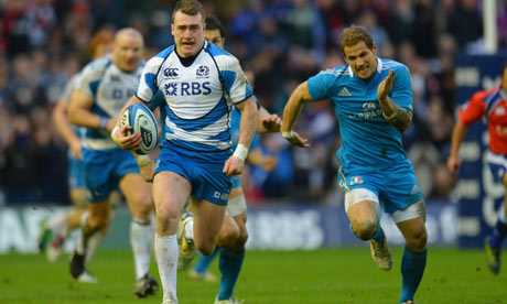 Stuart Hogg breaks away to score a try for Scotland v Italy