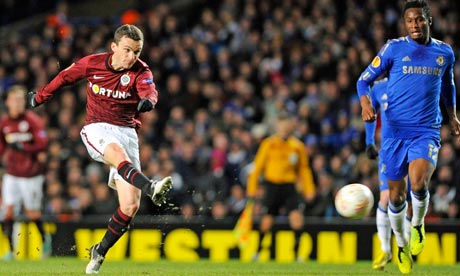 Sparta Prague's David Lafata scores against Chelsea in the Europa League at Stamford Bridge.