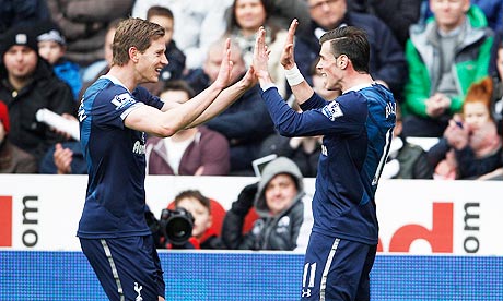 Gareth Bale, right, scored for Tottenham Hotspur against Swansea City in the Premier League