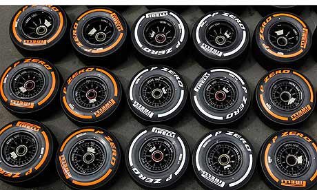 Formula  Tyres on Pirelli Tyres Are Arranged In The Paddock Ahead Of The Spanish Grand