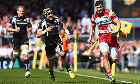 Gloucester's England prospect Jonny May scoring at Exeter