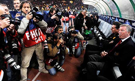 Carlos Queiroz, second right, sits alongside Sir Alex Ferguson ahead of the Champions League match w