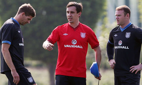Gary Neville with Steven Gerrard and Wayne Rooney during an England training session