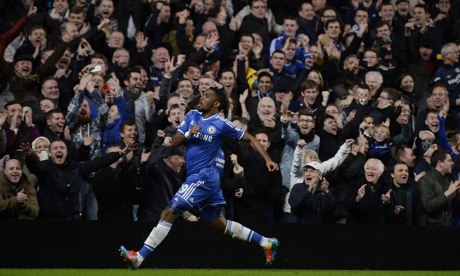 Samuel Eto'o celebrates after scoring his hat-trick in Chelsea's win over Manchester United