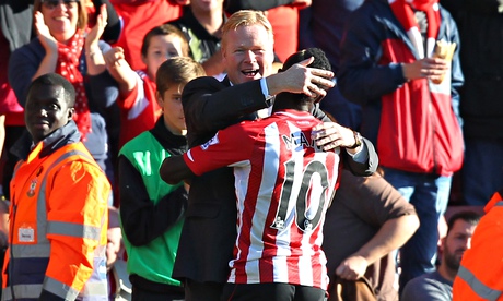 Southampton's manager, Ronald Koeman, embraces Sadio Mané after the striker scored against Stoke.