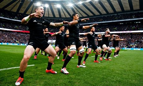 The All Blacks perform the haka before their test match against England at Twickenham.