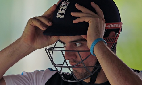 Alastair Cook, the England captain, dons his helmet as he prepares for batting practice in Colombo.