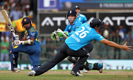 Mahela Jayawardene of Sri Lanka steers the ball past England skipper Alastair Cook