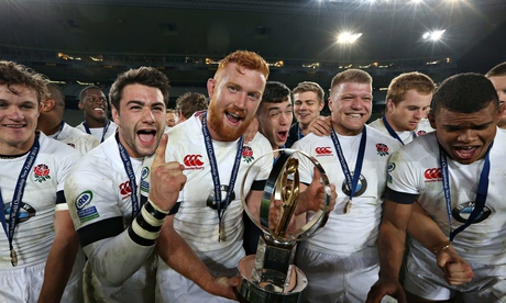 The England team celebrate winning the Junior World Championship at Eden Park in Auckland