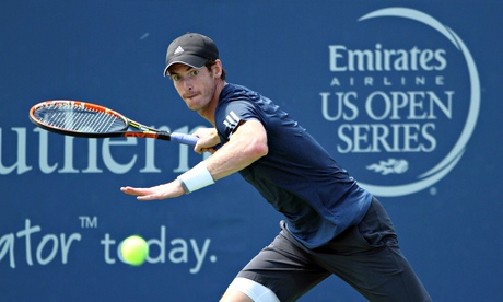 Andy Murray returns a shot during his victory over Joao Sousa in Cincinnati