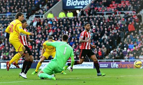 Liverpool's Lazar Markovic bundles home the winner against Sunderland.