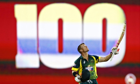 The Australian batsman David Warner acknowledges his 100 runs