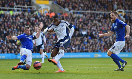 Victor Anichebe scores the second goal for West Bromagainst Birmingham in the FA Cup at St Andrew's