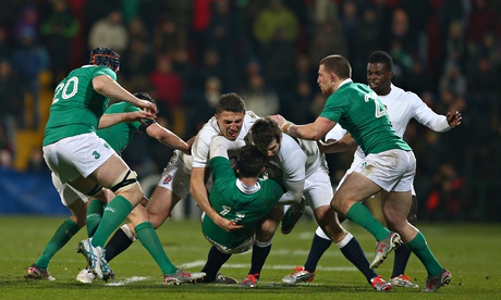 Sam Burgess of England Saxons gets stuck in as he tackles 