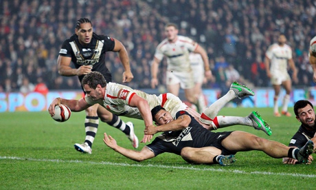 Sean O'Loughlin scores England's fourth try in the win against New Zealand at the KC Stadium.
