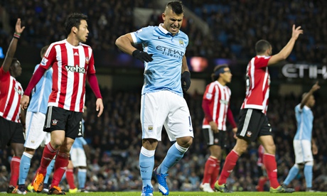 Sergio Agüero winces after hurting his heel during Manchester City's win against Southampton