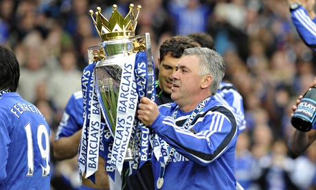 Carlo Ancelotti celebrates winning the Premier League with Chelsea in May 2010