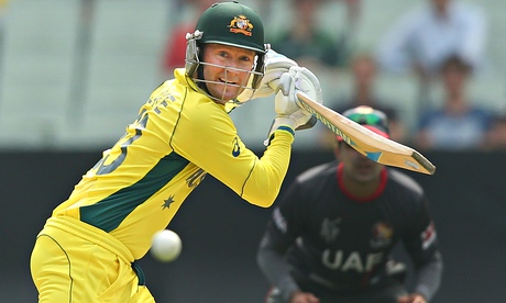 Michael Clarke looks to play a shot during Australia's World Cup warm-up win against UAE