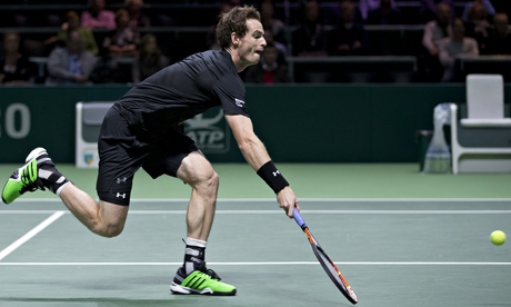 Andy Murray returns the ball during his straight sets win over Nicolas Mahut at the Rotterdam Open