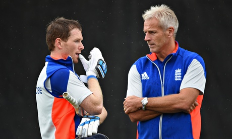 Eoin Morgan, left, and Peter Moores during an England nets session in Wellington